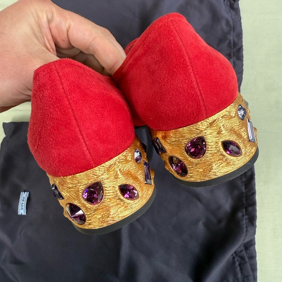 Prada Red Suede Jeweled Block Heel Loafers - Picture 2 of 9